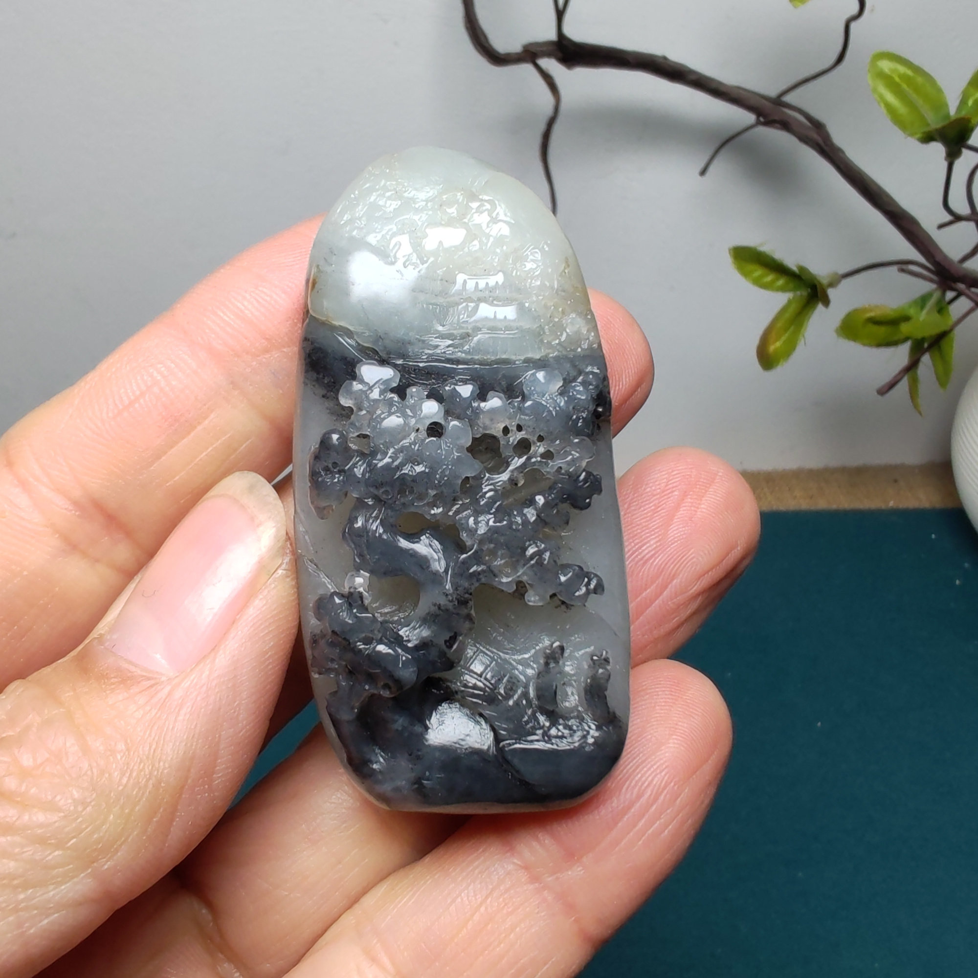 宁静致远新疆和田玉籽料籽玉青花墨玉山水意境吊坠挂件玉石玉器