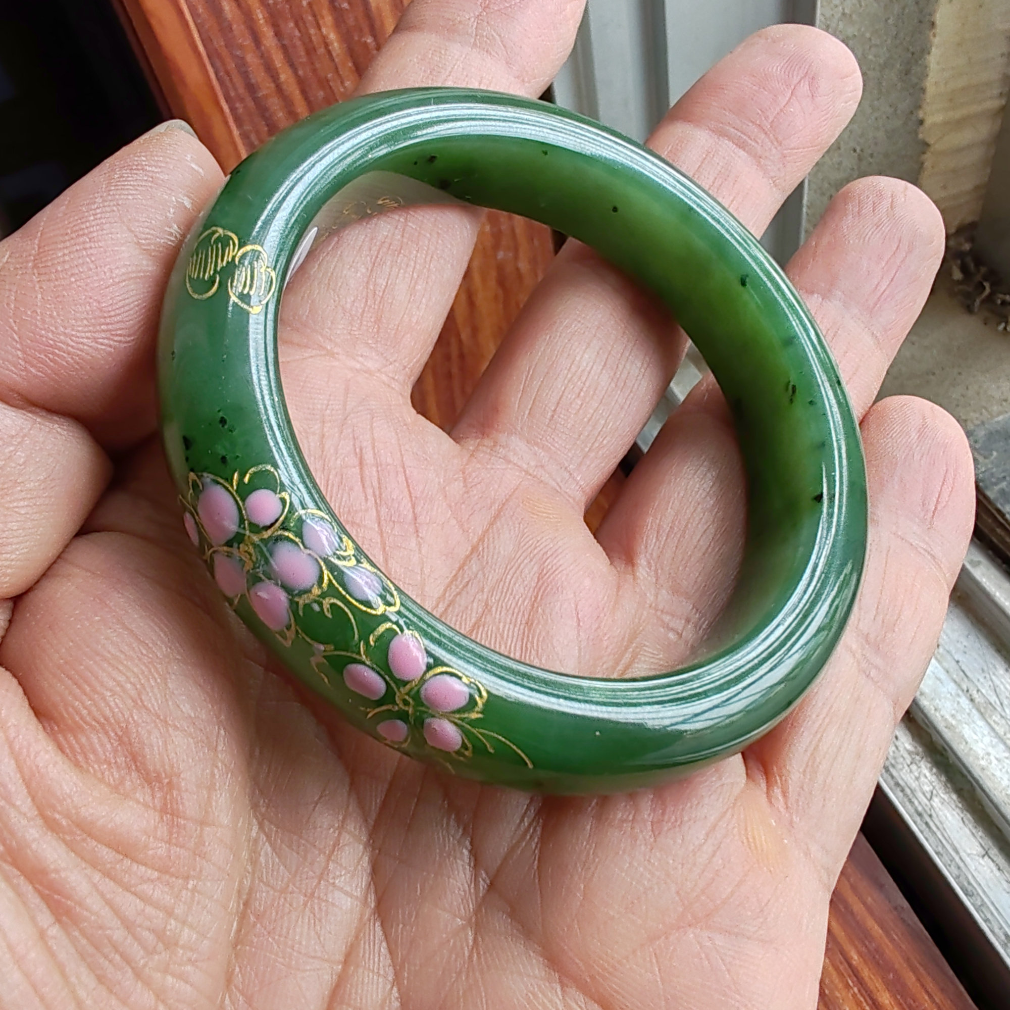 送证书和田碧玉描金手镯53mm+图片
