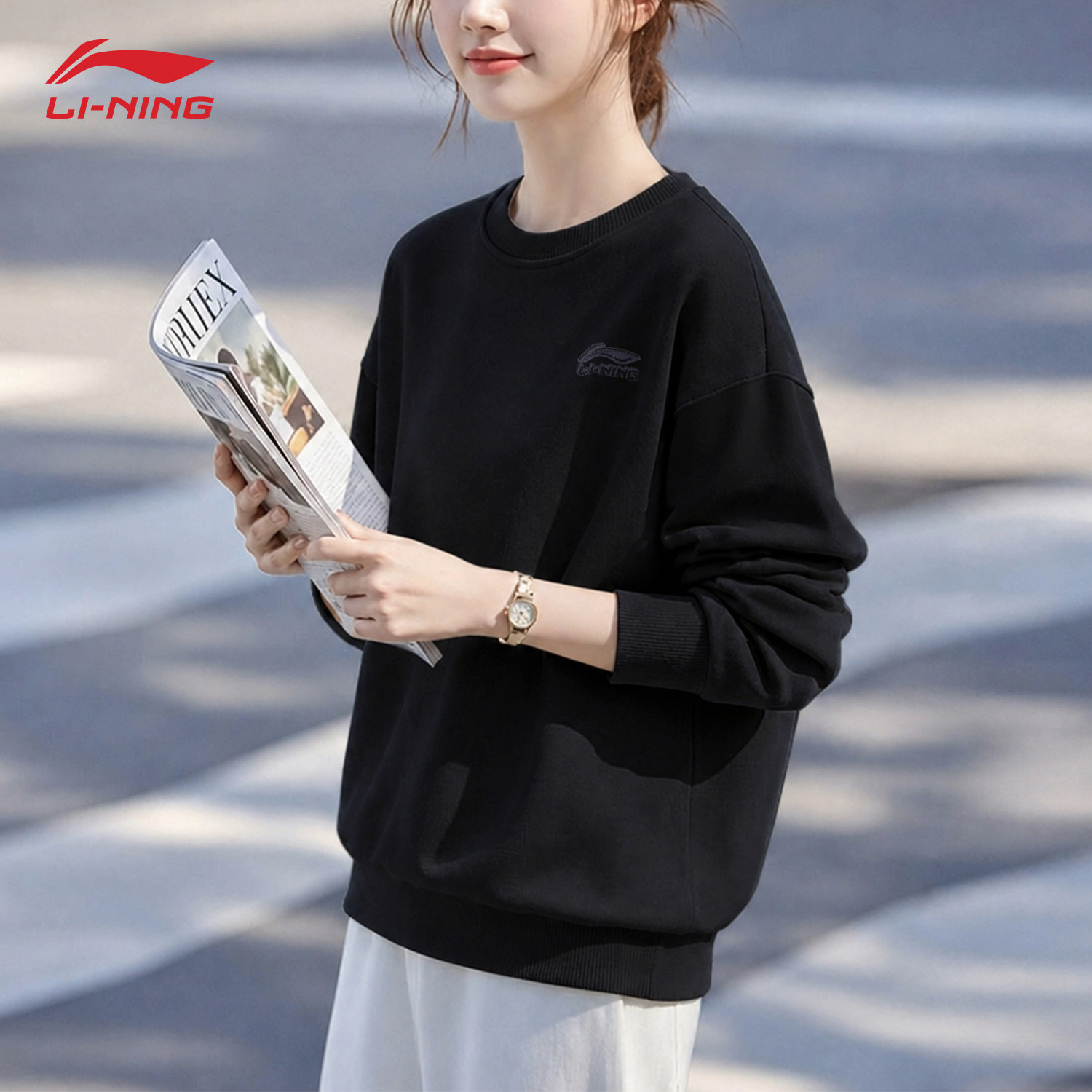 李宁卫衣女款2026新款春秋季宽松透气运动上衣女士百搭黑色套头衫
