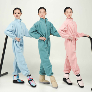 儿童舞蹈服女秋冬芭蕾舞外套热身训练连体裤保暖拉链摇粒绒蓝绿色