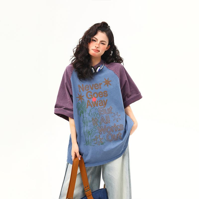 野生阿子美式复古插肩袖撞色字母短袖T恤女夏季宽松休闲百搭情侣t