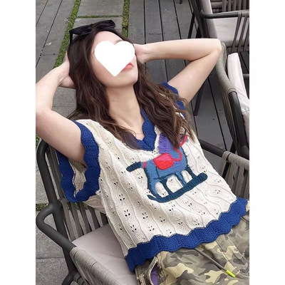 夏季新款镂空针织短袖T恤女小众设计感洋气百搭花边宽松v领背心潮