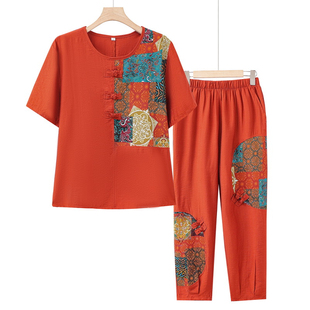 时尚 棉麻套装 休闲大码 短袖 子两件套 中老年妈妈洋气夏装 上衣裤 新款