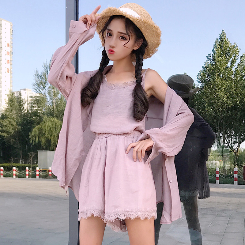 ÏÄװпîÅ®×°º«°æ·Àɹ³ÄÉÀ±¡ÍâÌ×+µõ´ø±³ÐÄÀ«Íȶ̿ãÈý¼þÌ×Ì××°Å®