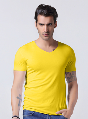 无痕短袖莫代尔纯棉男士t恤修身休闲纯色运动V领半袖打底透气大码