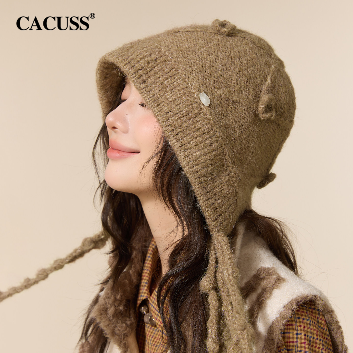CACUSS针织帽女秋冬可爱护耳流苏毛线帽保暖户外帽复古氛围感帽子