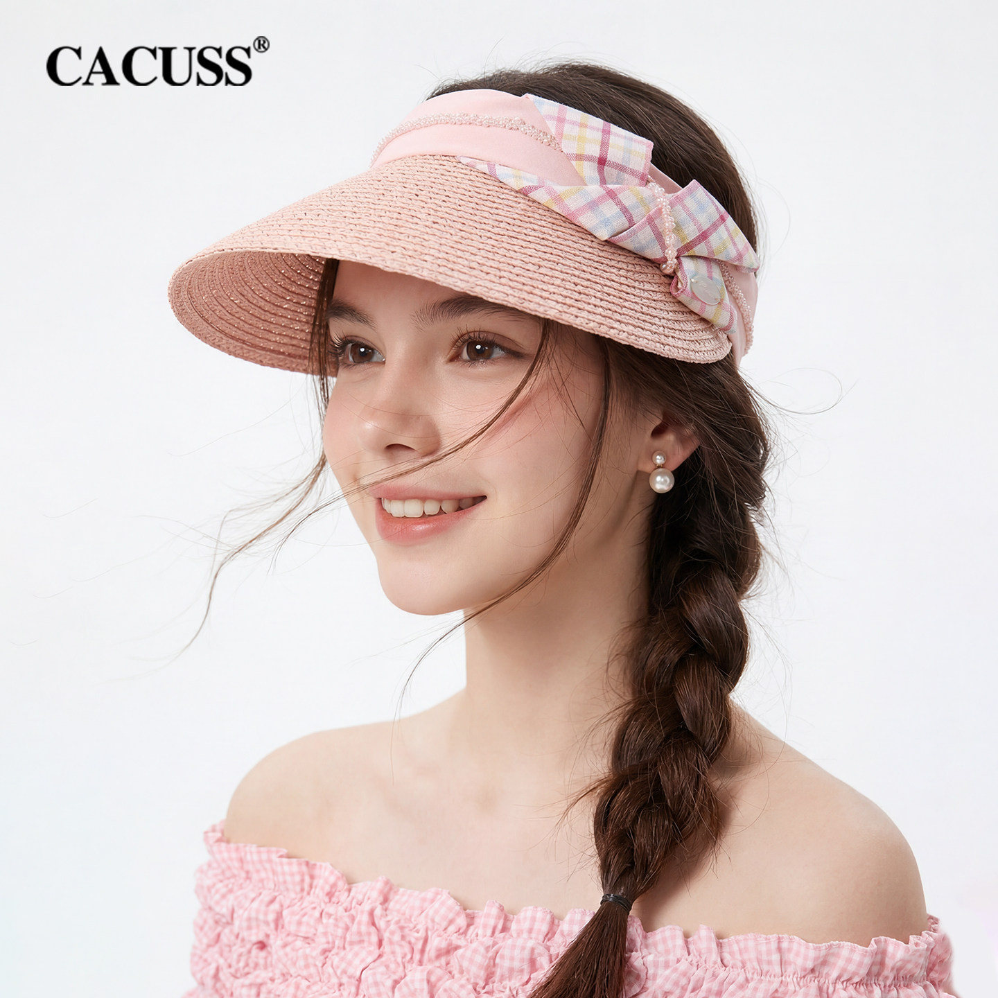 CACUSS空顶帽女款夏季甜美减龄户外遮阳帽格纹显脸小草编太阳帽子