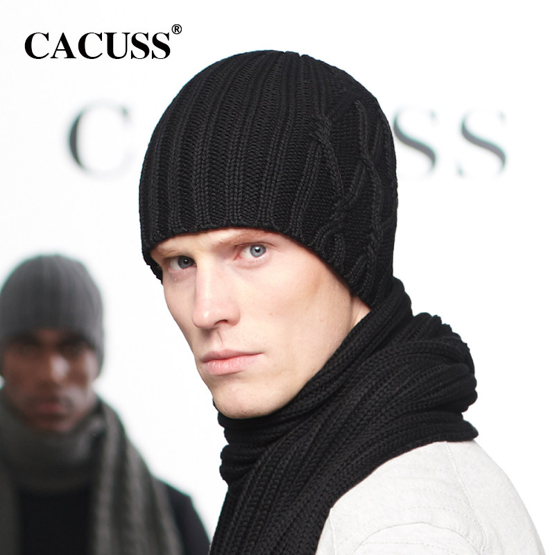 CACUSS羊毛毛线帽男女冬季包头帽双层加绒加厚冬帽男纯色针织帽冬
