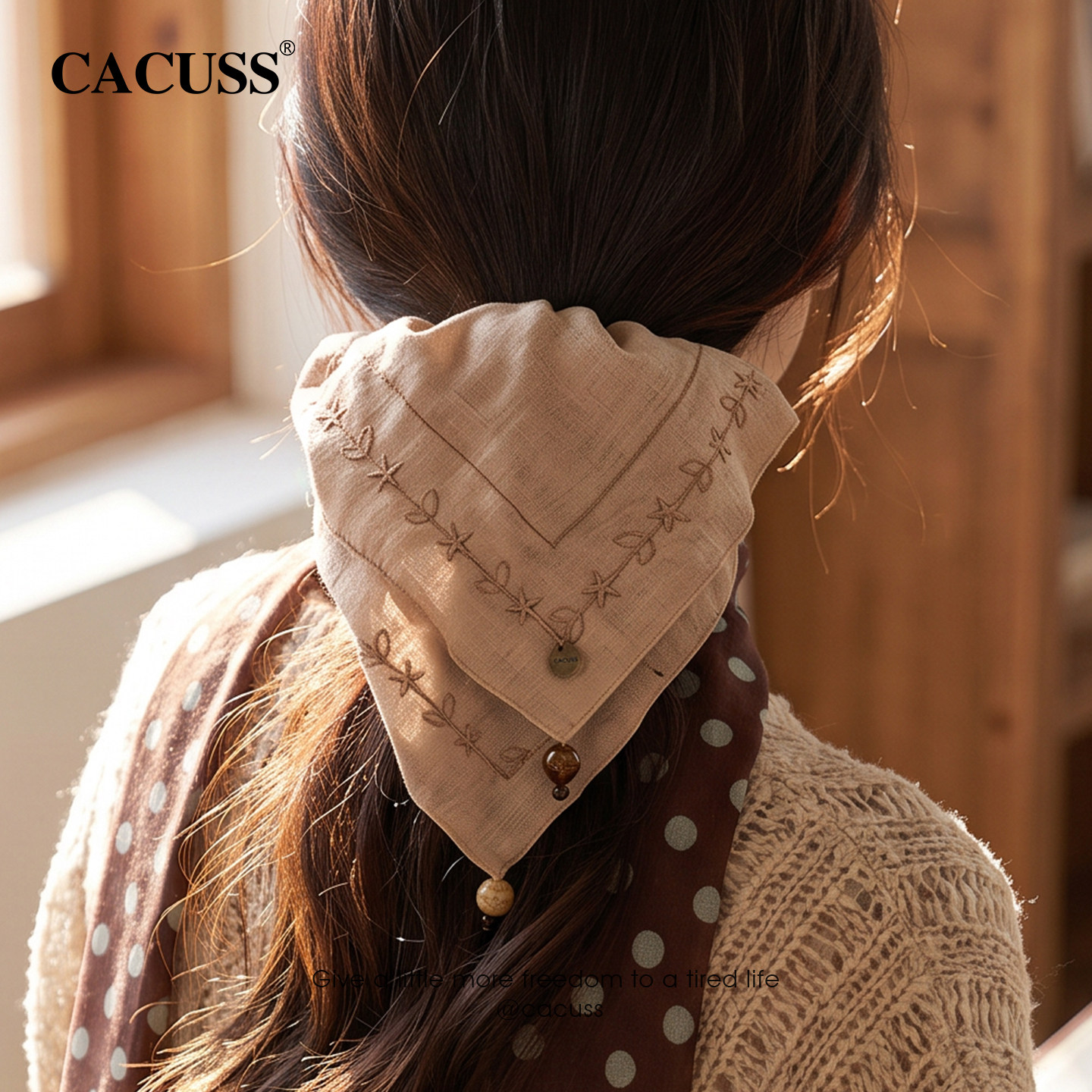CACUSS布艺刺绣方巾大肠发圈日系慵懒头花扎马尾头绳文艺抓夹发饰
