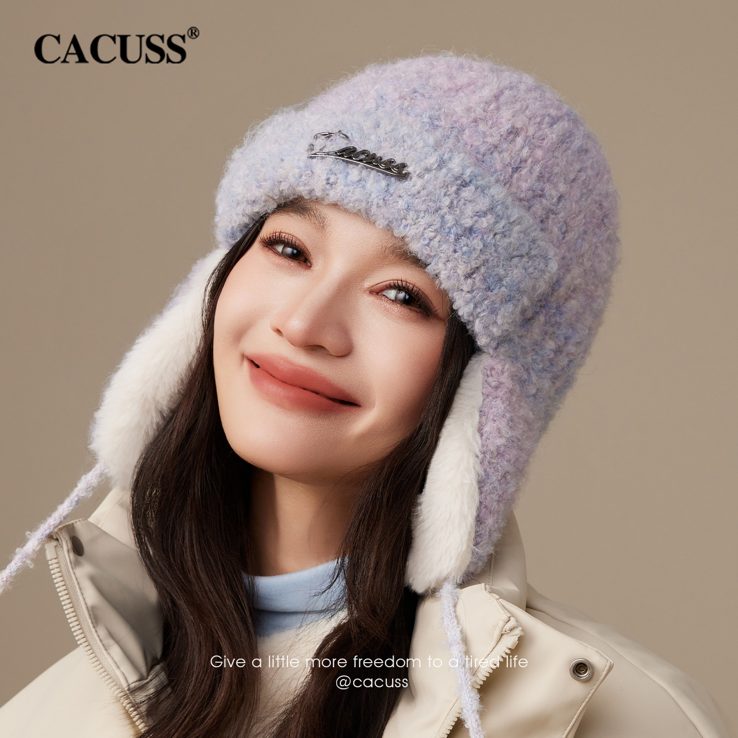 CACUSS冬季加厚护耳帽女韩版渐变