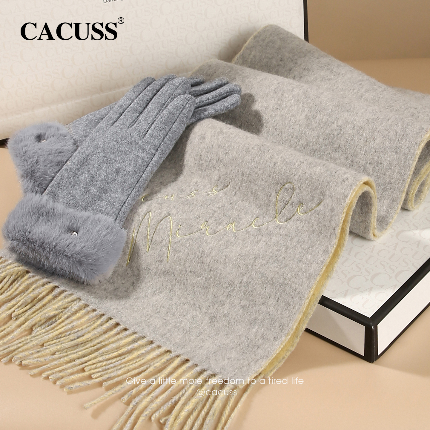 CACUSS冬季纯羊毛刺绣流苏围巾女