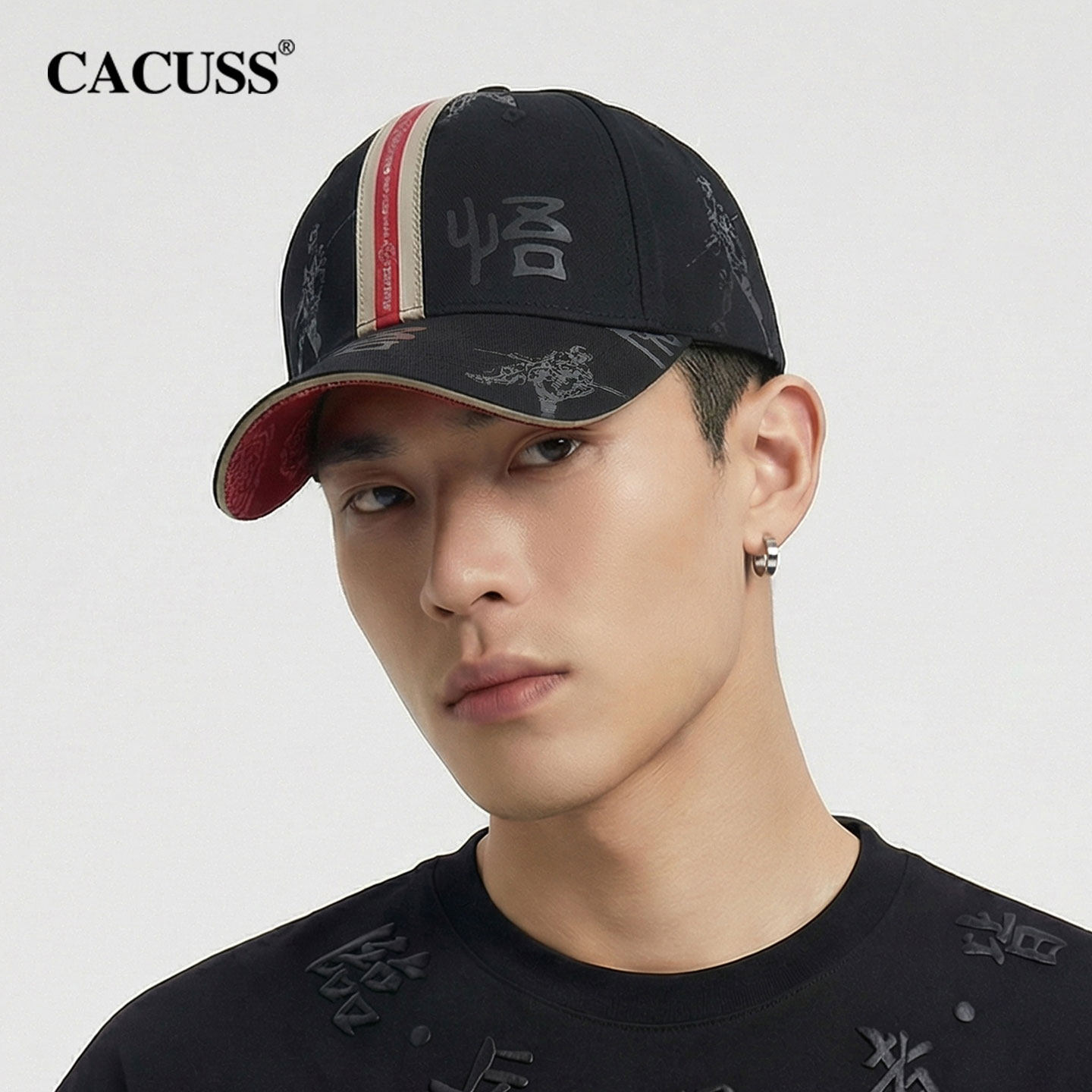 CACUSS帽子男春夏新款纯棉硬顶国风印花鸭舌帽个性潮酷时尚棒球帽