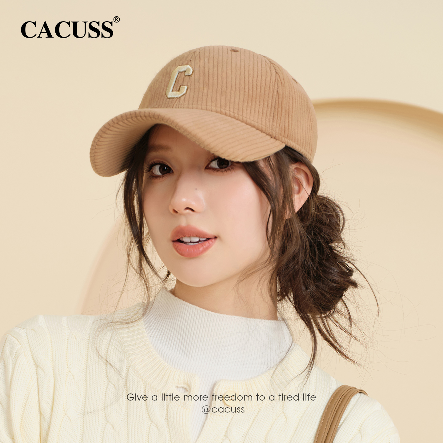 CACUSS秋冬棒球帽子女士加厚保暖大头围字母鸭舌帽时尚百搭显脸小