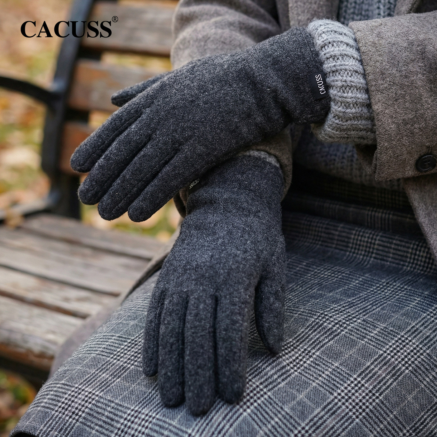 CACUSS羊毛手套女士冬季加绒加厚保暖防寒可触屏分指手套户外骑行