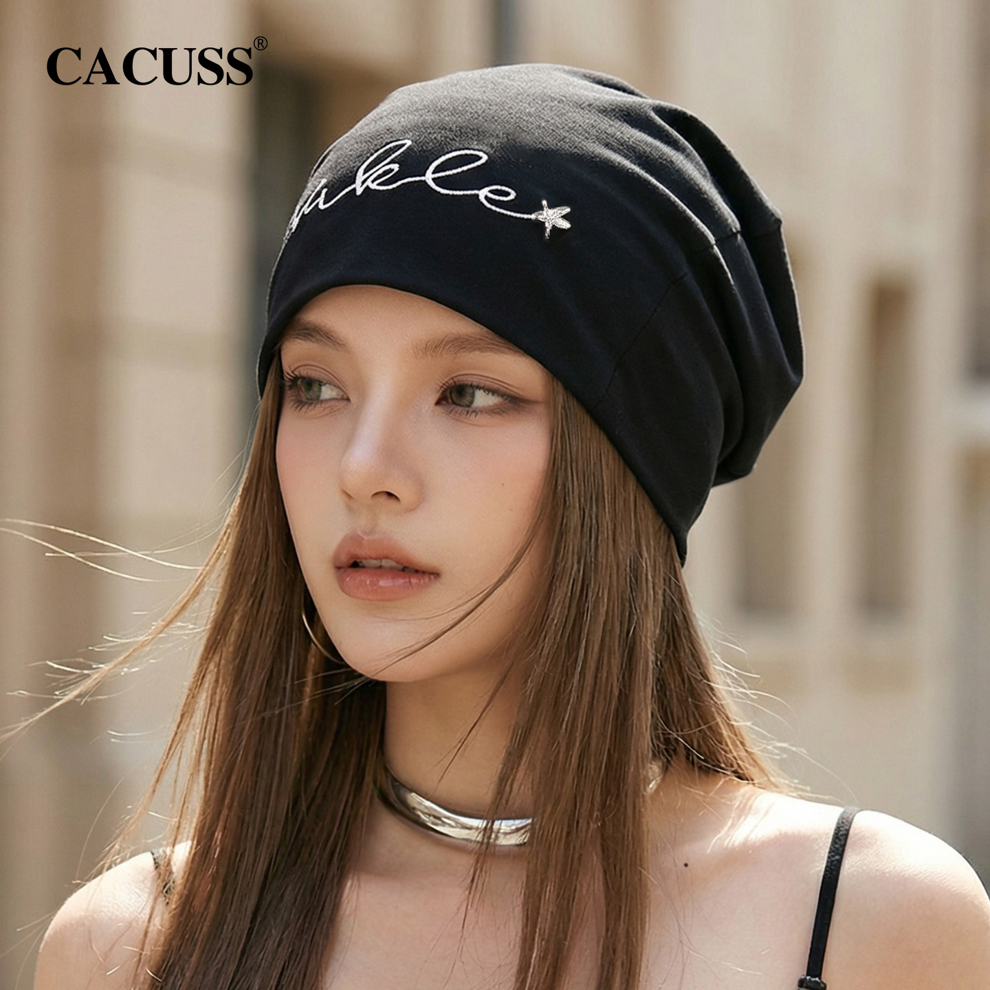 CACUSS薄款堆堆帽子女春季字母刺绣高弹时尚包头帽显脸小套头冷帽