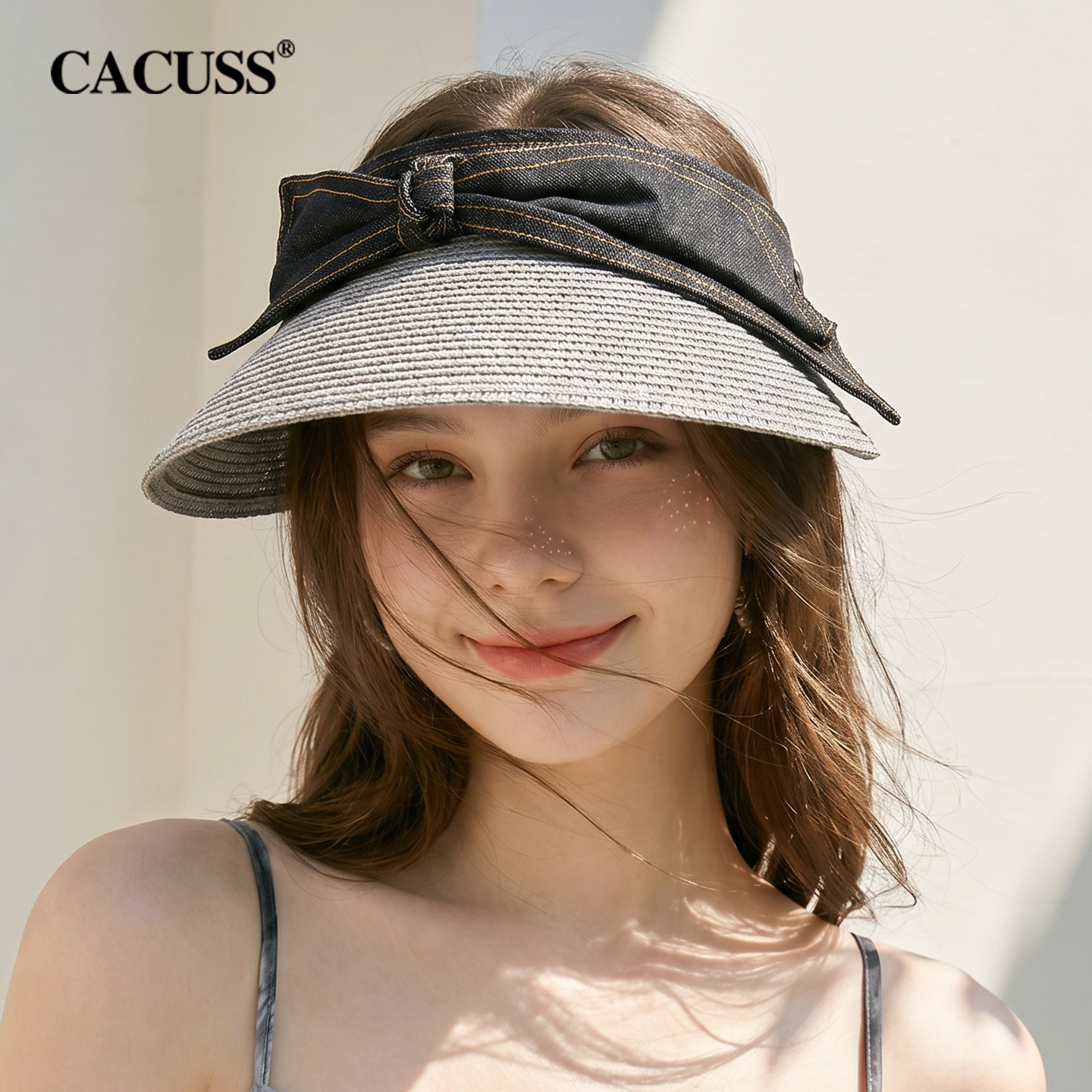 CACUSS空顶草帽女夏季户外牛仔拼接草编遮阳帽子大帽檐时尚太阳帽