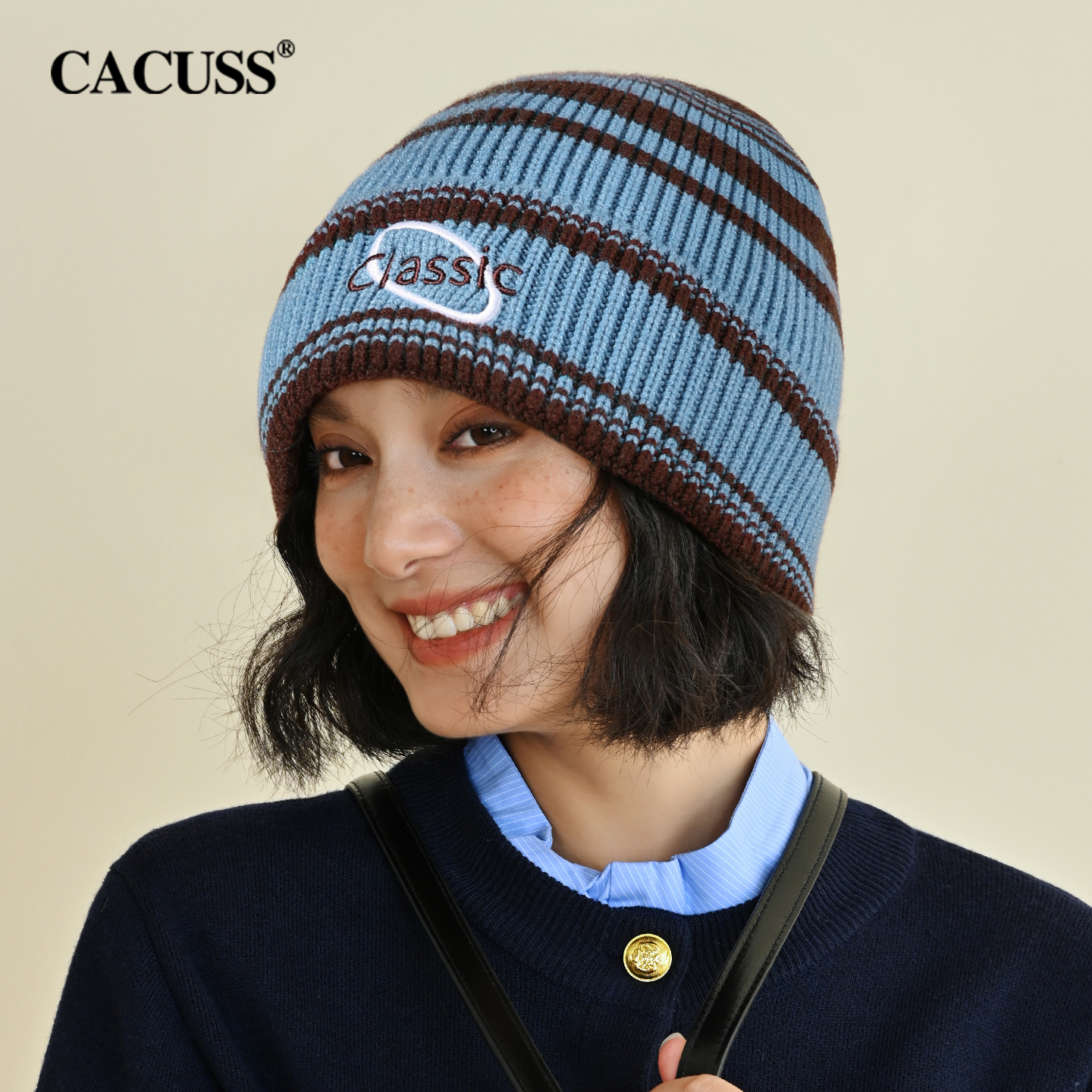 CACUSS冬季时尚条纹撞色针织帽女