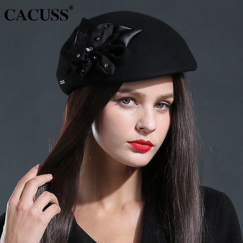 cacuss新品女士礼帽时尚潮流花朵贝雷帽纯羊毛毛呢气质礼帽女帽子