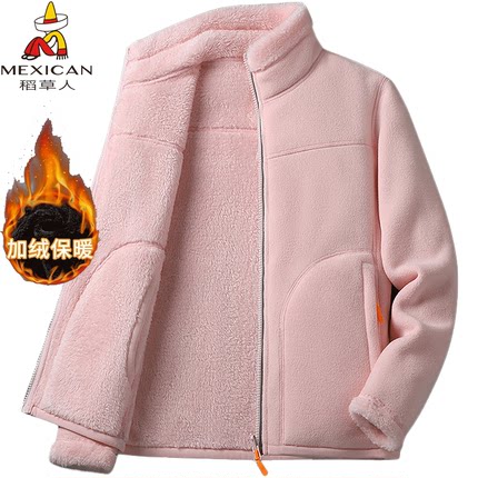 稻草人抓绒衣女秋冬加绒加厚羊羔绒双面穿保暖卫衣珊瑚绒外套男潮