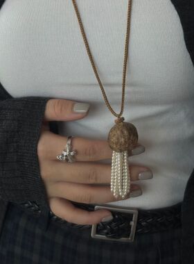 PURE韩国ins博主同款珍珠流苏项链女小众自然系植物果壳毛衣链