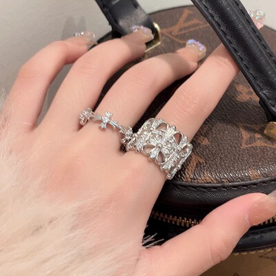 PURE克罗十字花戒指女镶钻十字架指环小众百搭银色开口食指戒