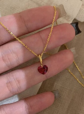 PURE法式精致爱心项链女镀18k金樱桃红宝锁骨链轻奢简约送人礼物