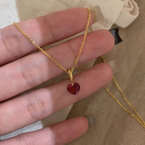 PURE法式精致爱心项链女镀18k金樱桃红宝锁骨链轻奢简约送人礼物