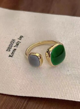 PURE祖母绿色戒指女冷淡风小众设计轻奢欧美开口可调节指环尾戒女