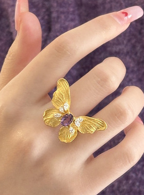 PURE 爆闪紫宝鸽子蛋蝴蝶戒指女古法金工轻奢新中式穿搭食指戒