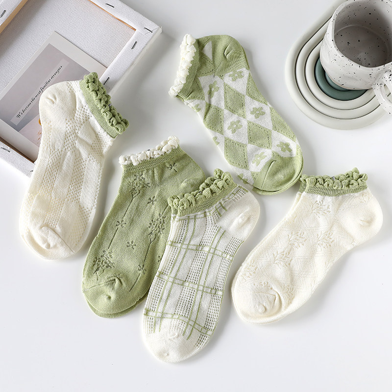 绿色袜子女短袜浅口夏季薄款纯棉ins潮日系可爱花边低帮学生船袜,女士内衣/男士内衣/家居服,短袜,淘宝优惠券,粉丝福利购,淘宝优惠卷