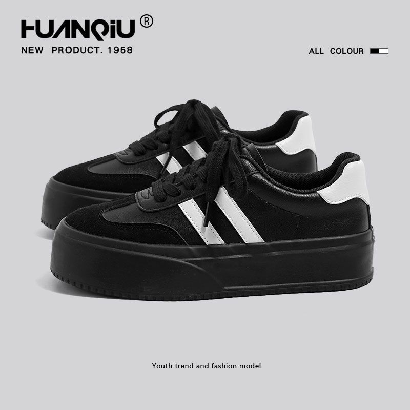 环球女鞋黑色厚底增高德训鞋女款学生防滑系带轻便运动休闲板鞋子