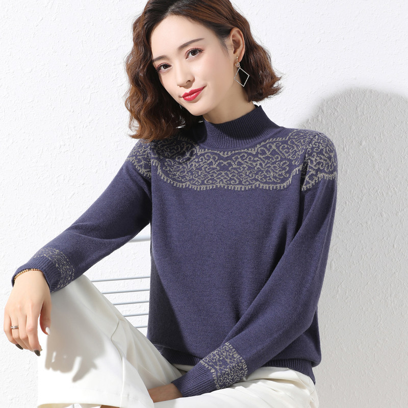 半高领亮丝提花毛衣女短款秋冬季时尚中年妈妈装套头针织打底衫潮