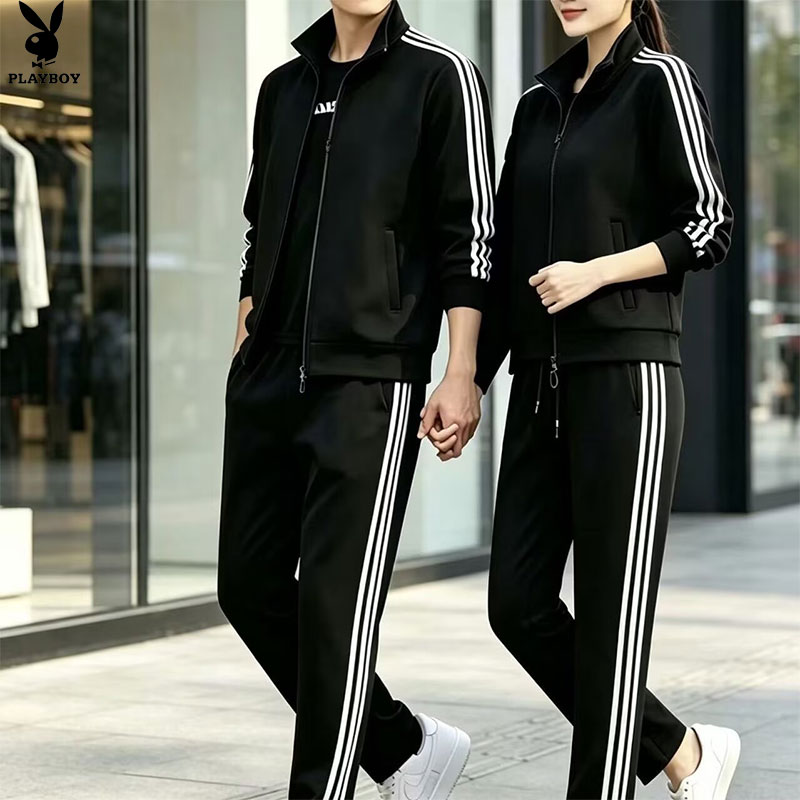 花花公子团购春秋季男女款运动休闲套装潮流开衫长裤三条杠运动服