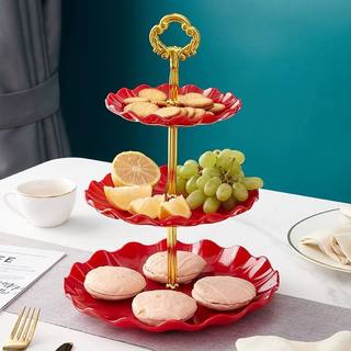 红色多层蛋糕盘瓜子盘欧式水果盘生日塑料点心架下午茶婚礼甜品台