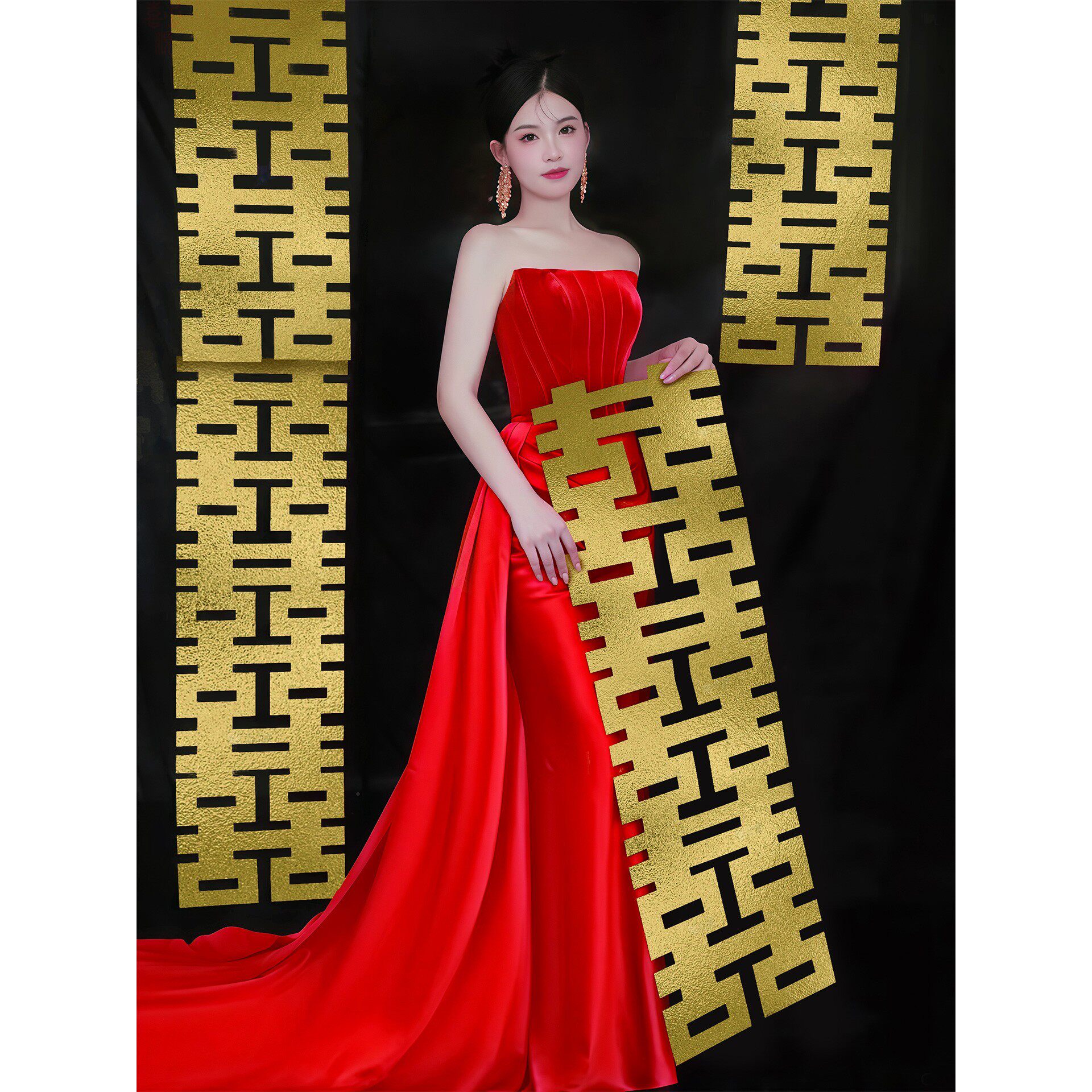 金色长条喜字婚房布置订婚装饰