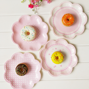 手工新款派对纸碟粉色花瓣碟子儿童生日聚会装饰一次性纸盘子