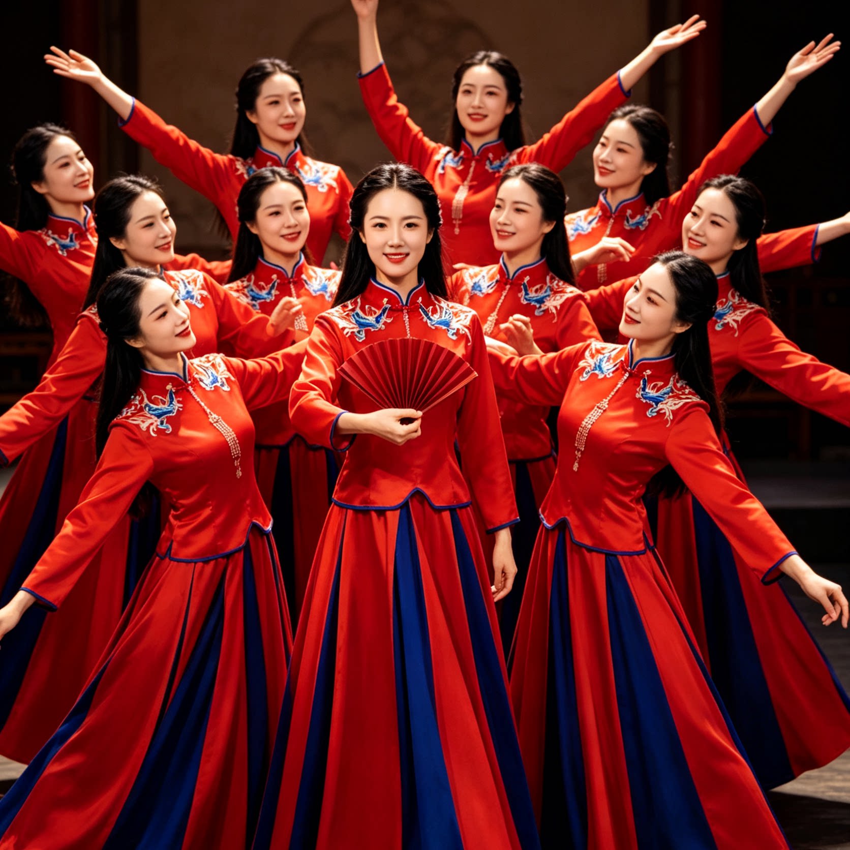 新款红色舞蹈服民族演出服女舞台装喜庆腰鼓扇子舞秧歌广场舞服装