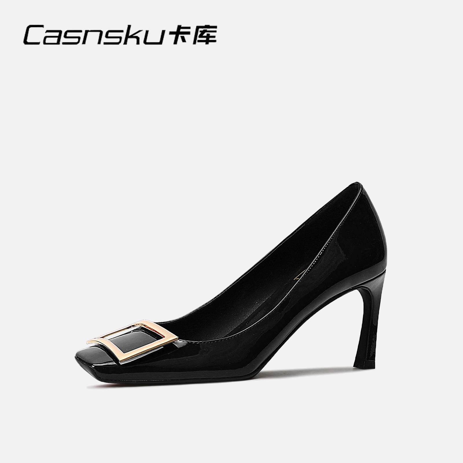 CASNSKU卡库 黑色漆皮金属方扣高跟鞋女中跟气质细跟浅口气质百搭