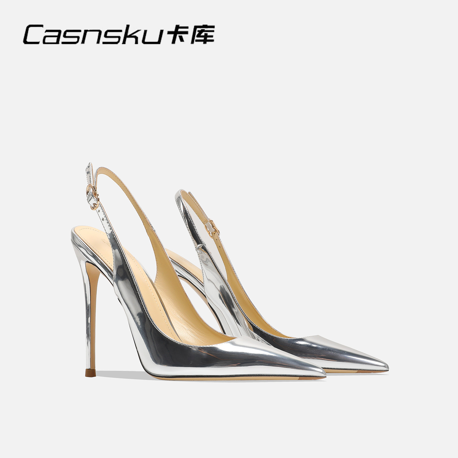 银色漆皮一字带高跟凉鞋女细跟