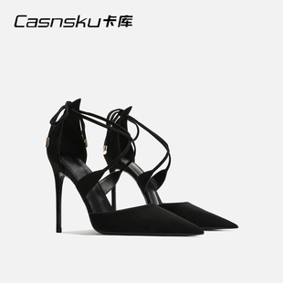 CASNSKU卡库 2026新款罗马交叉绑带凉鞋黑色绒面高跟鞋细跟高级感