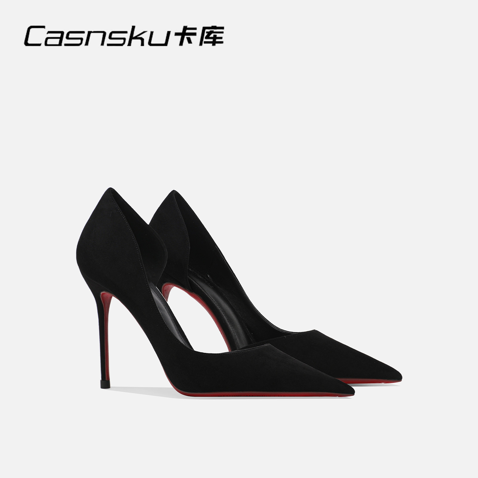CASNSKU卡库 性感黑色绒面红底高跟鞋细跟cl侧空尖头气质职业单鞋