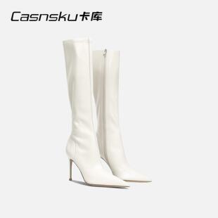 CASNSKU卡库 2026年新款侧拉链白色长筒靴女显瘦不过膝皮面骑士靴