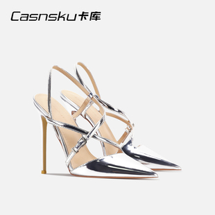 CASNSKU卡库银色高跟女鞋漆皮交叉凉鞋细跟包头后空性感ins风绝美