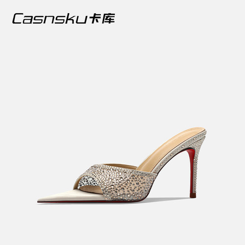 CASNSKU卡库 白色水钻凉拖鞋夏外穿细跟尖头高跟鞋仙女风红底名媛
