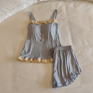 莫代尔睡衣女夏季 纯欲风带胸垫一体家居服 吊带背心两件套四季 薄款