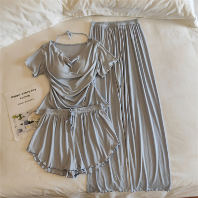 新款夏季三件套睡衣女莫代尔带胸垫法式性感纯欲风短袖长裤家居服