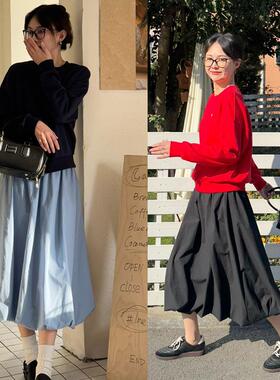 seawhen海维恩半身裙女春秋纯棉白色花苞裙气质A字中长款过膝伞裙