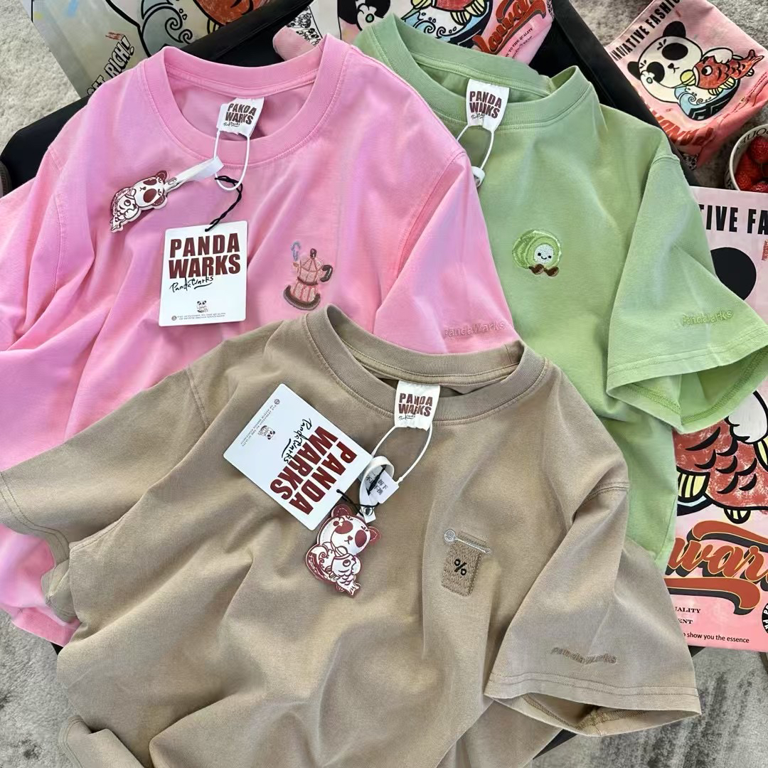 Pandawarks熊猫纸袋家夏季纯棉水洗刺绣短袖T恤咖啡甜品韩版宽松