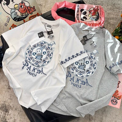 青花瓷刺绣新款Pandawarks熊猫纸袋家2026夏纯棉可爱星人短袖T恤
