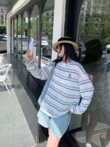 韩系木马条纹刺绣防晒长袖ROWNAGGER纸袋家夏季薄款宽松上衣打底